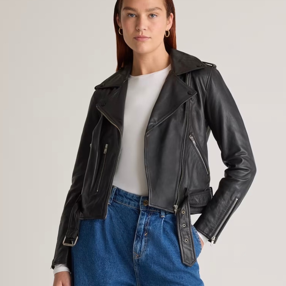 Quince Black Genuine Leather Motorcycle Moto Jacket Small